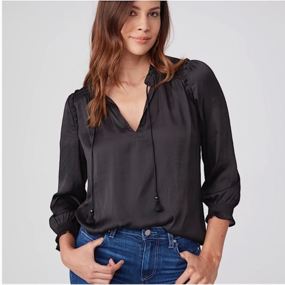 PAIGE Kaylynn Silky Black Tassel Tie Blouse